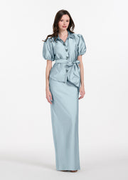 TAFFETA PUFF SLEEVE BLOUSE WITH CRYSTAL LOCKET HEART BUTTONS LIGHT BLUE
