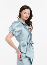TAFFETA PUFF SLEEVE BLOUSE WITH CRYSTAL LOCKET HEART BUTTONS LIGHT BLUE