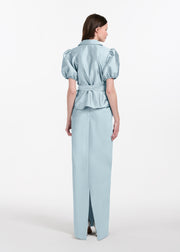 TAFFETA PUFF SLEEVE BLOUSE WITH CRYSTAL LOCKET HEART BUTTONS LIGHT BLUE