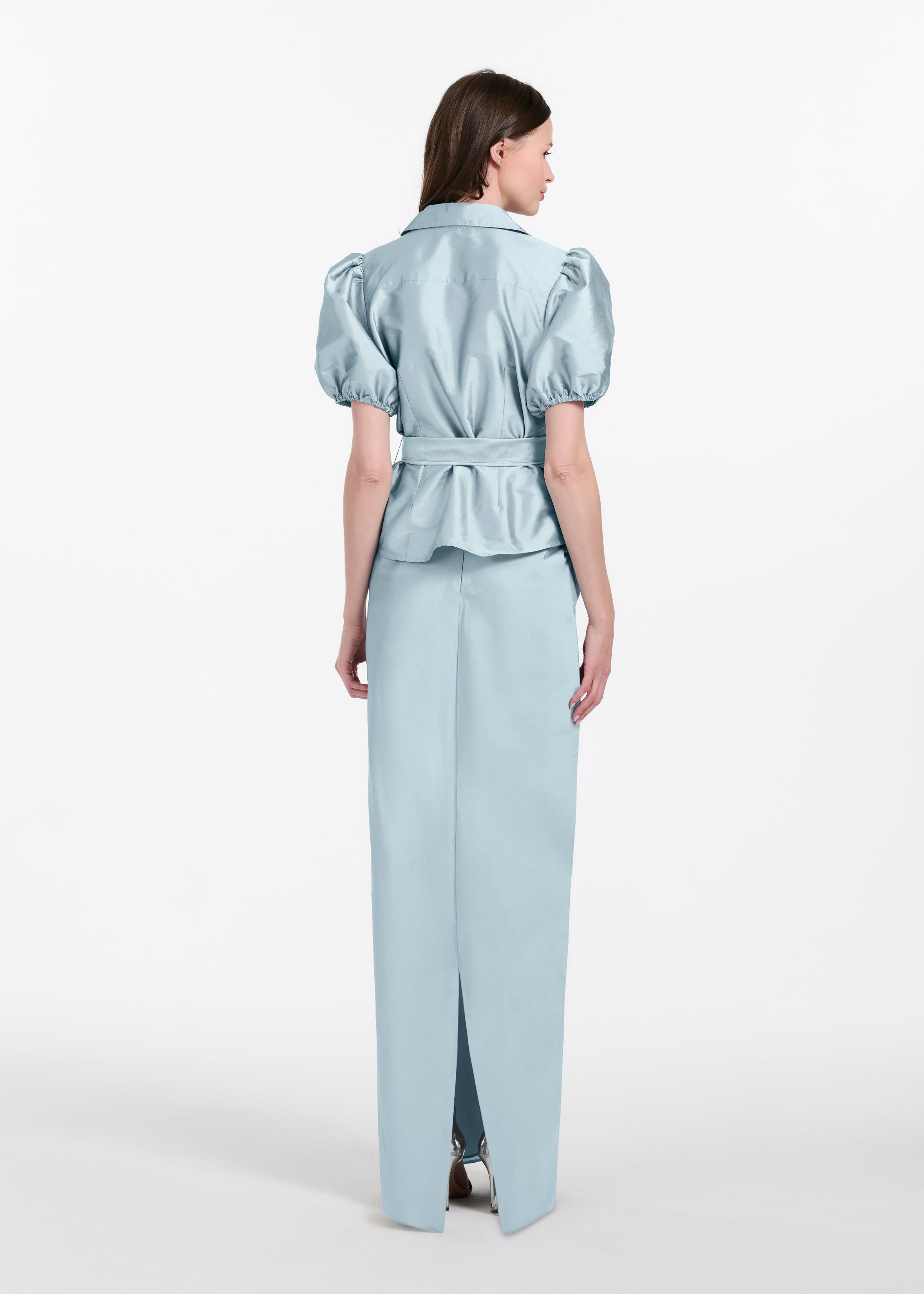 TAFFETA PUFF SLEEVE BLOUSE WITH CRYSTAL LOCKET HEART BUTTONS LIGHT BLUE