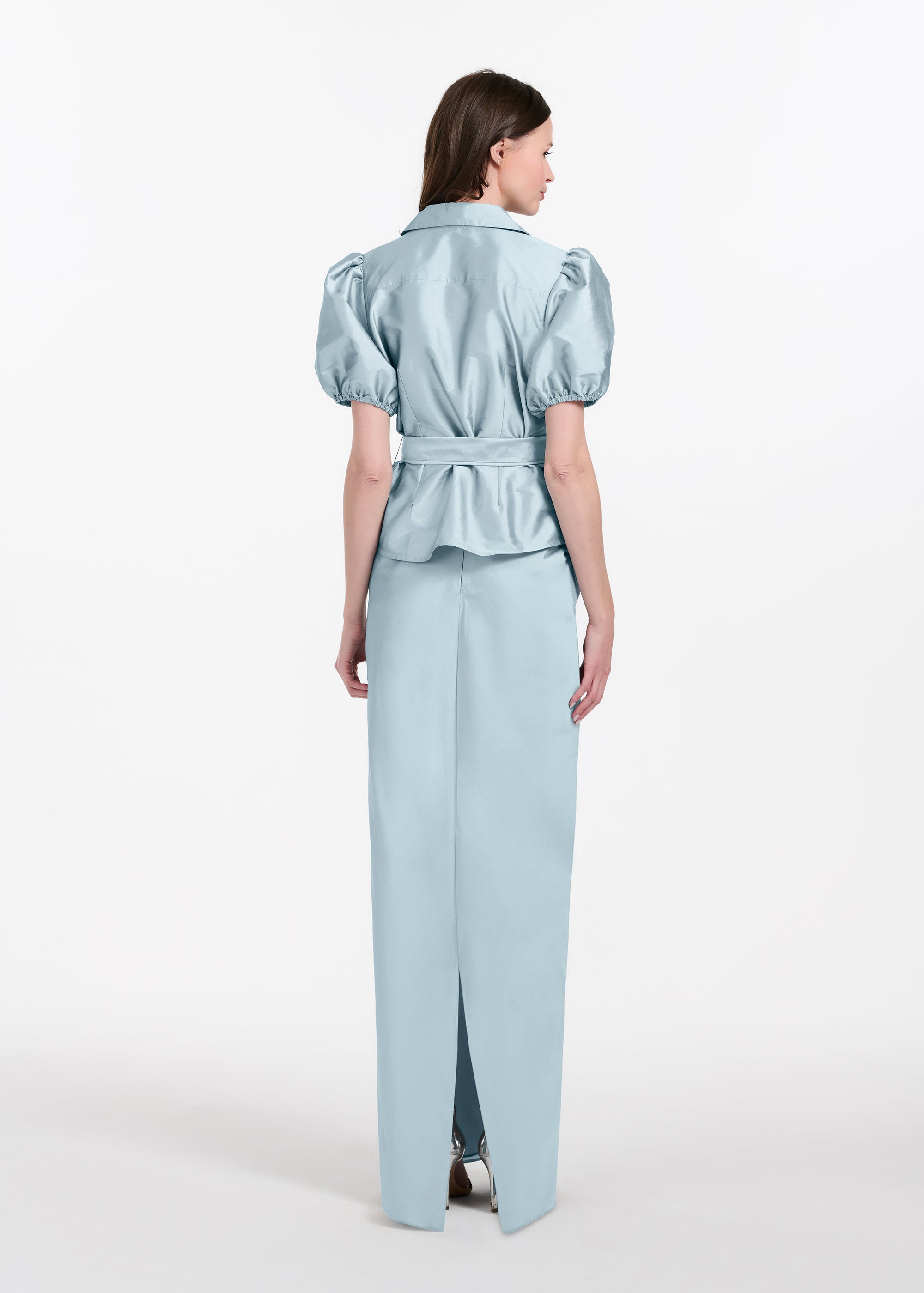 TAFFETA BIAS COLUMN SKIRT WITH SASH LIGHT BLUE