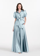 TAFFETA PUFF SLEEVE BLOUSE WITH CRYSTAL LOCKET HEART BUTTONS LIGHT BLUE