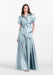 TAFFETA PUFF SLEEVE BLOUSE WITH CRYSTAL LOCKET HEART BUTTONS LIGHT BLUE