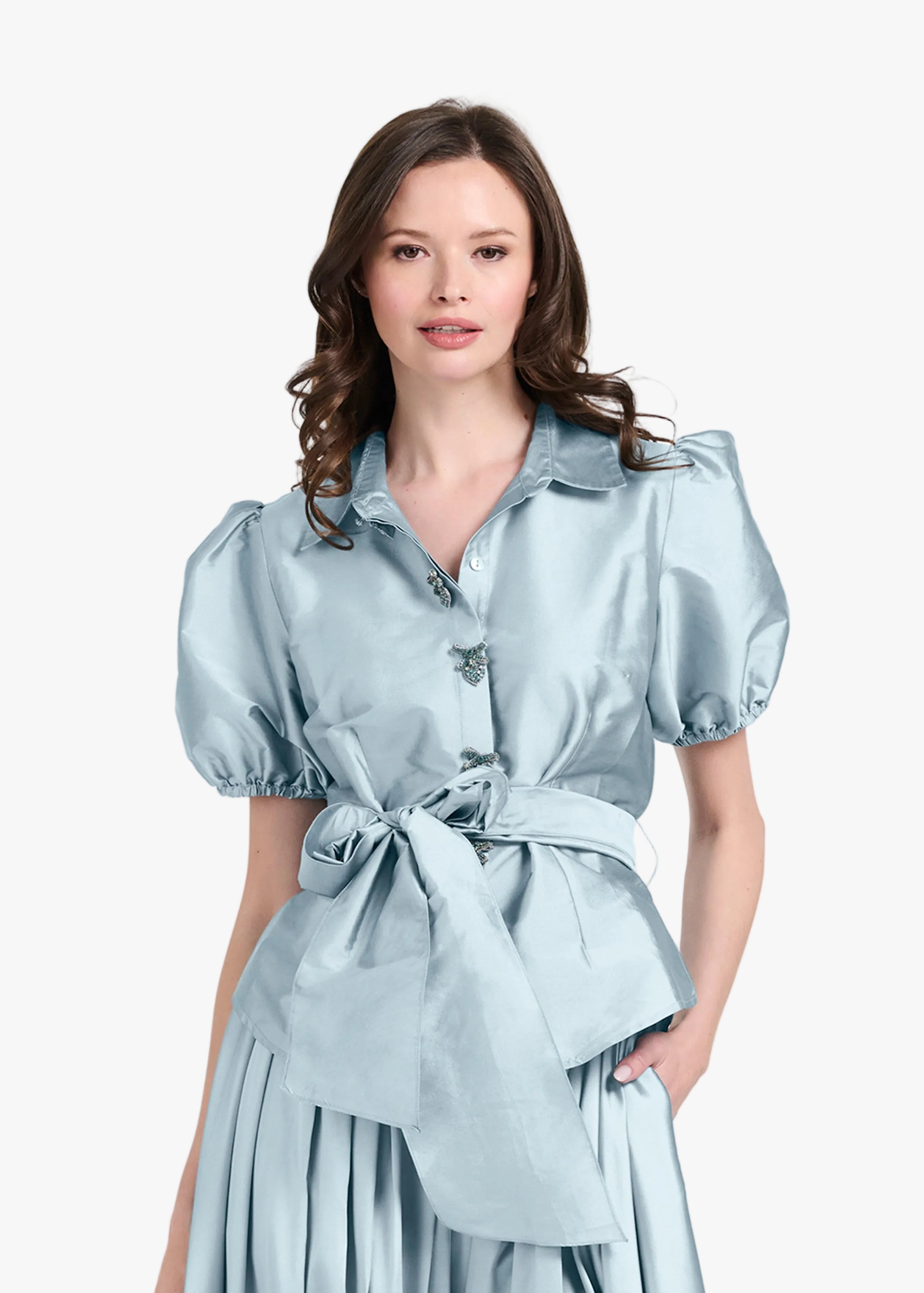 TAFFETA PUFF SLEEVE BLOUSE WITH CRYSTAL BOW HEART BUTTONS LIGHT BLUE