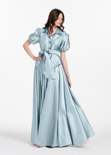 TAFFETA PUFF SLEEVE BLOUSE WITH CRYSTAL LOCKET HEART BUTTONS LIGHT BLUE