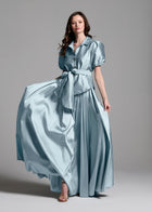 TAFFETA PUFF SLEEVE BLOUSE WITH CRYSTAL BOW HEART BUTTONS LIGHT BLUE