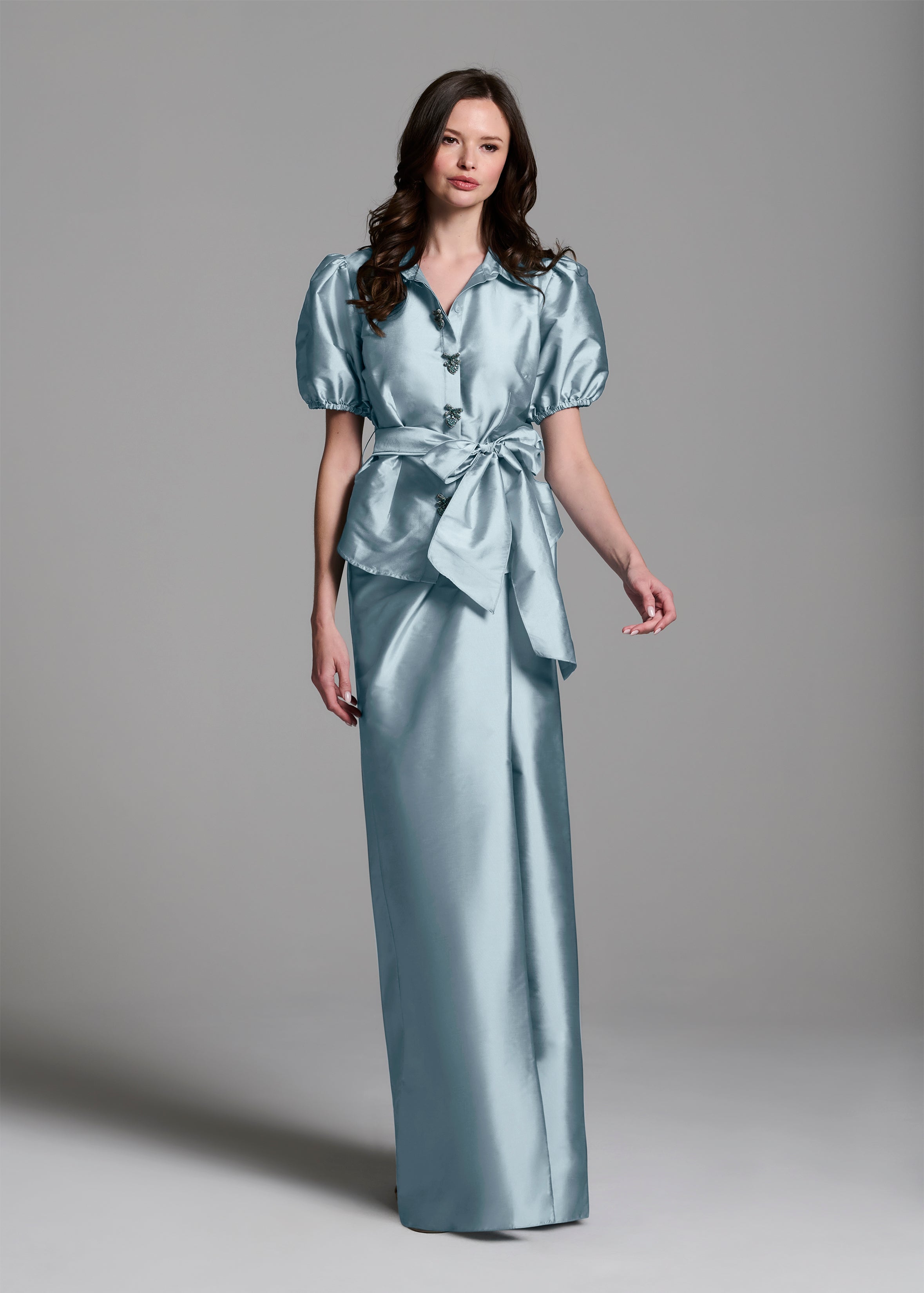 TAFFETA PUFF SLEEVE BLOUSE WITH CRYSTAL BOW HEART BUTTONS LIGHT BLUE