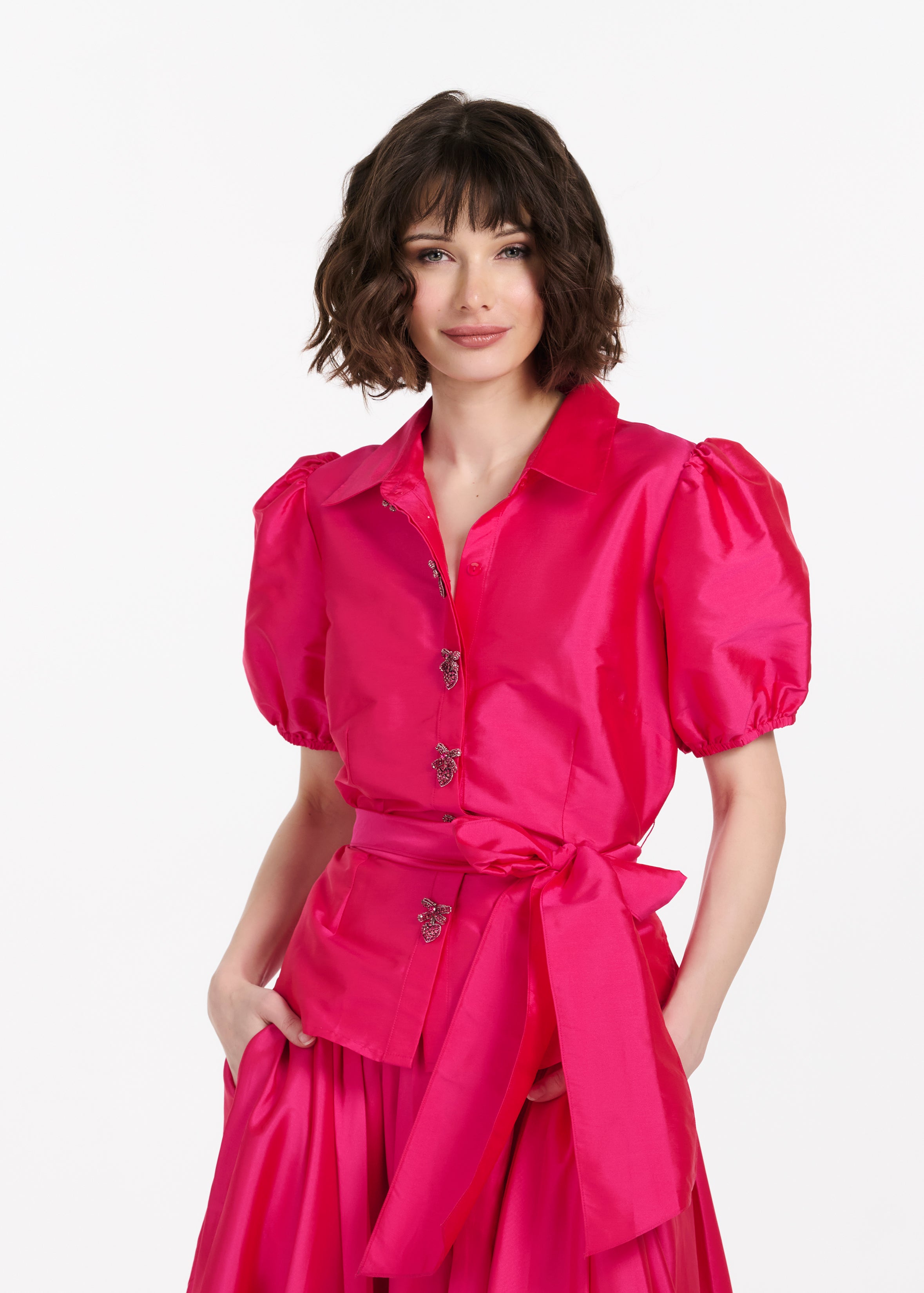 TAFFETA PUFF SLEEVE BLOUSE WITH CRYSTAL LOCKET HEART BUTTONS WATERMELON