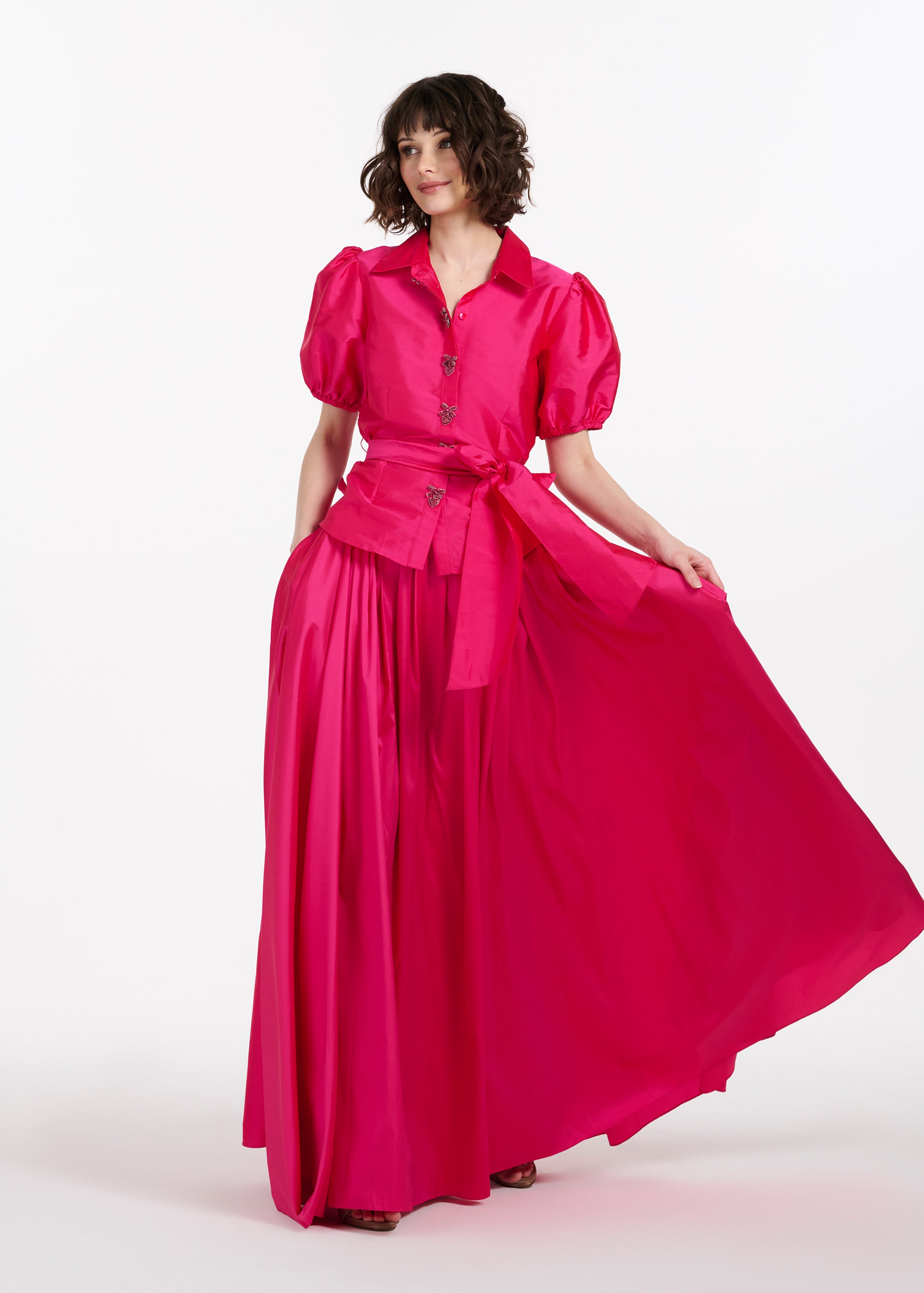 TAFFETA PUFF SLEEVE BLOUSE WITH CRYSTAL LOCKET HEART BUTTONS WATERMELON