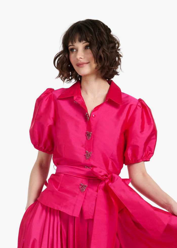 TAFFETA PUFF SLEEVE BLOUSE WITH CRYSTAL LOCKET HEART BUTTONS WATERMELON