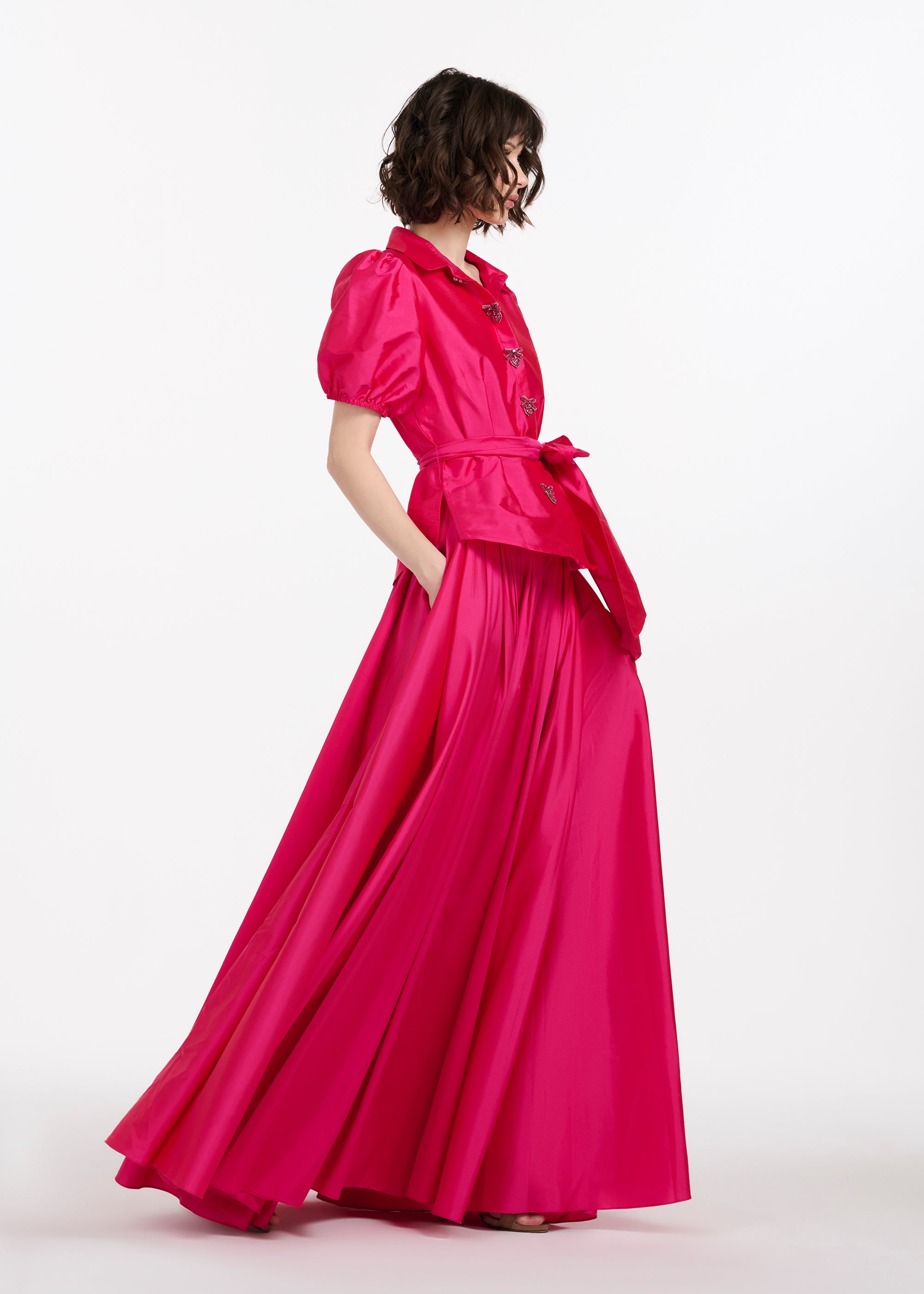 TAFFETA PUFF SLEEVE BLOUSE WITH CRYSTAL LOCKET HEART BUTTONS WATERMELON