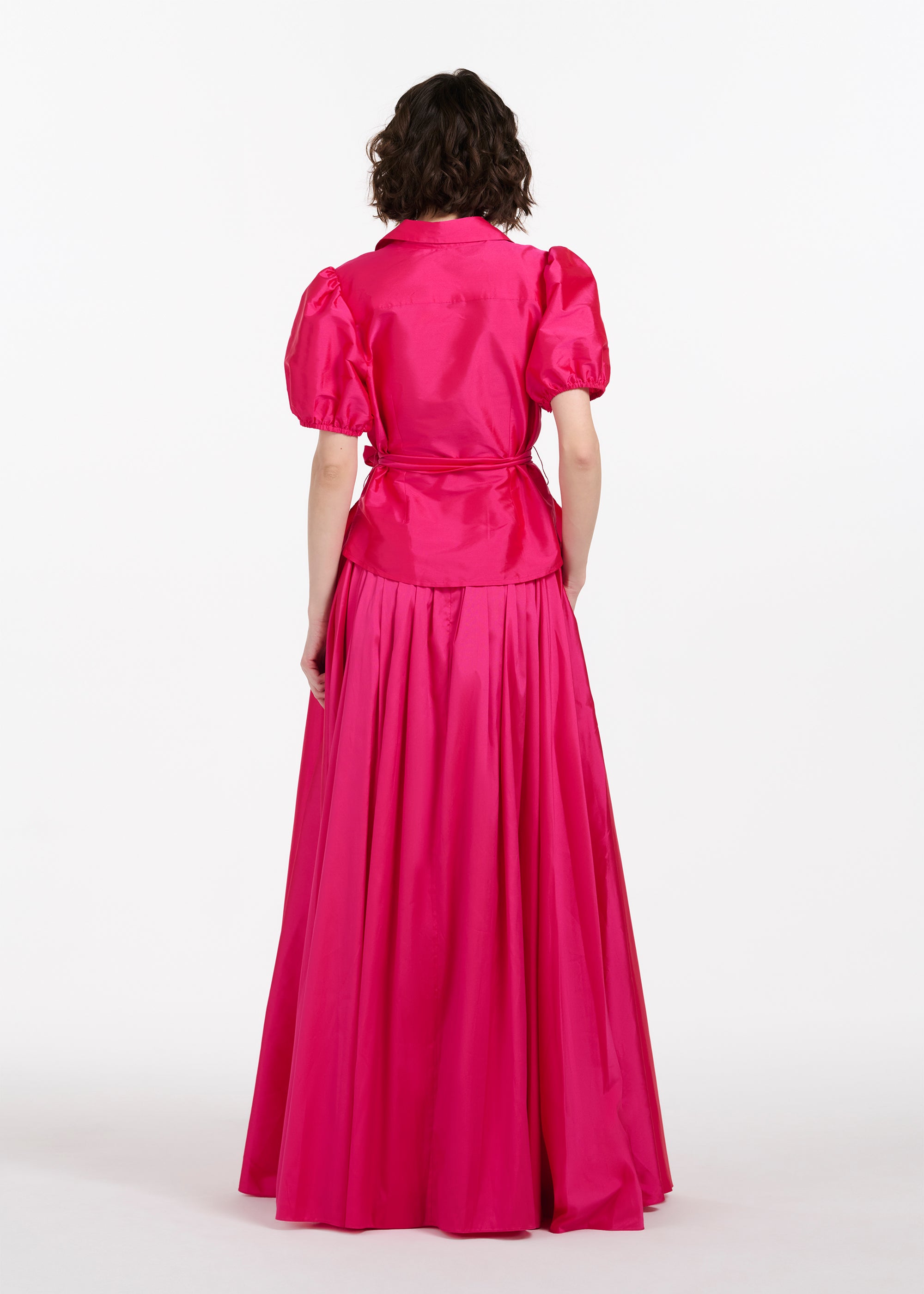 TAFFETA PUFF SLEEVE BLOUSE WITH CRYSTAL LOCKET HEART BUTTONS WATERMELON