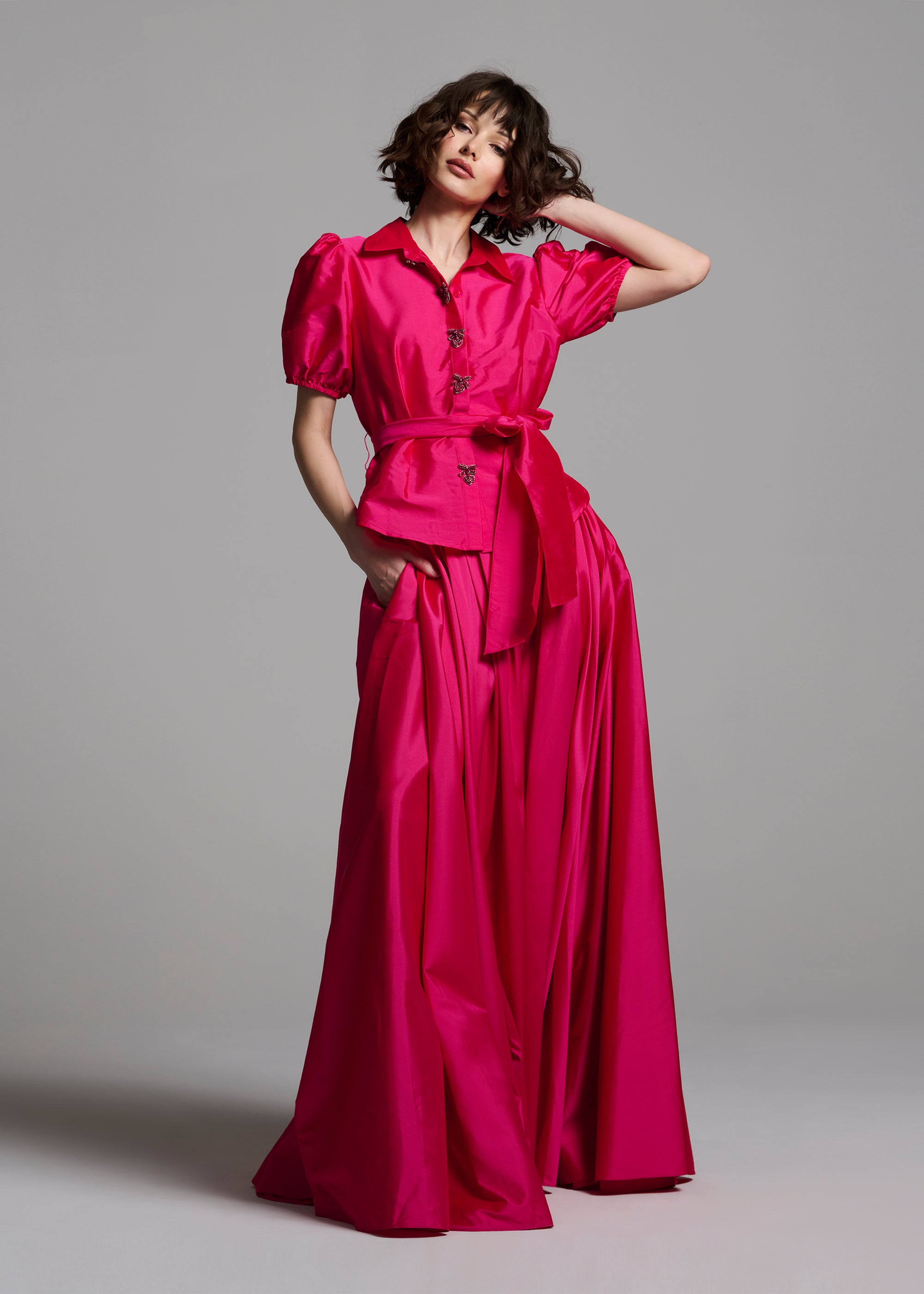 TAFFETA PUFF SLEEVE BLOUSE WITH CRYSTAL LOCKET HEART BUTTONS WATERMELON