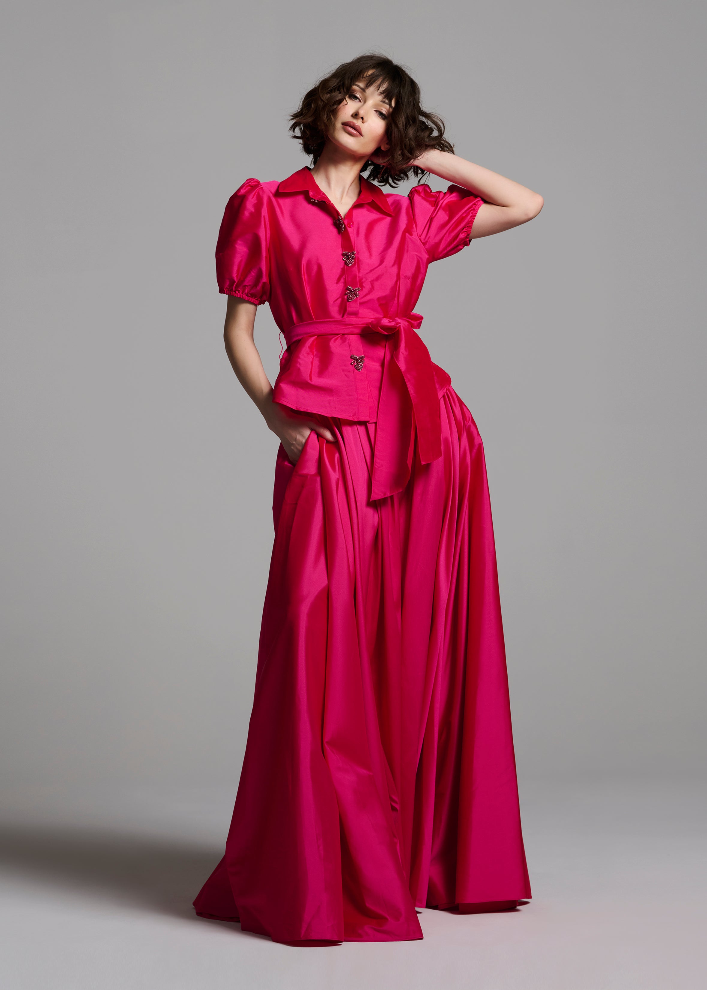 TAFFETA PUFF SLEEVE BLOUSE WITH CRYSTAL LOCKET HEART BUTTONS WATERMELON