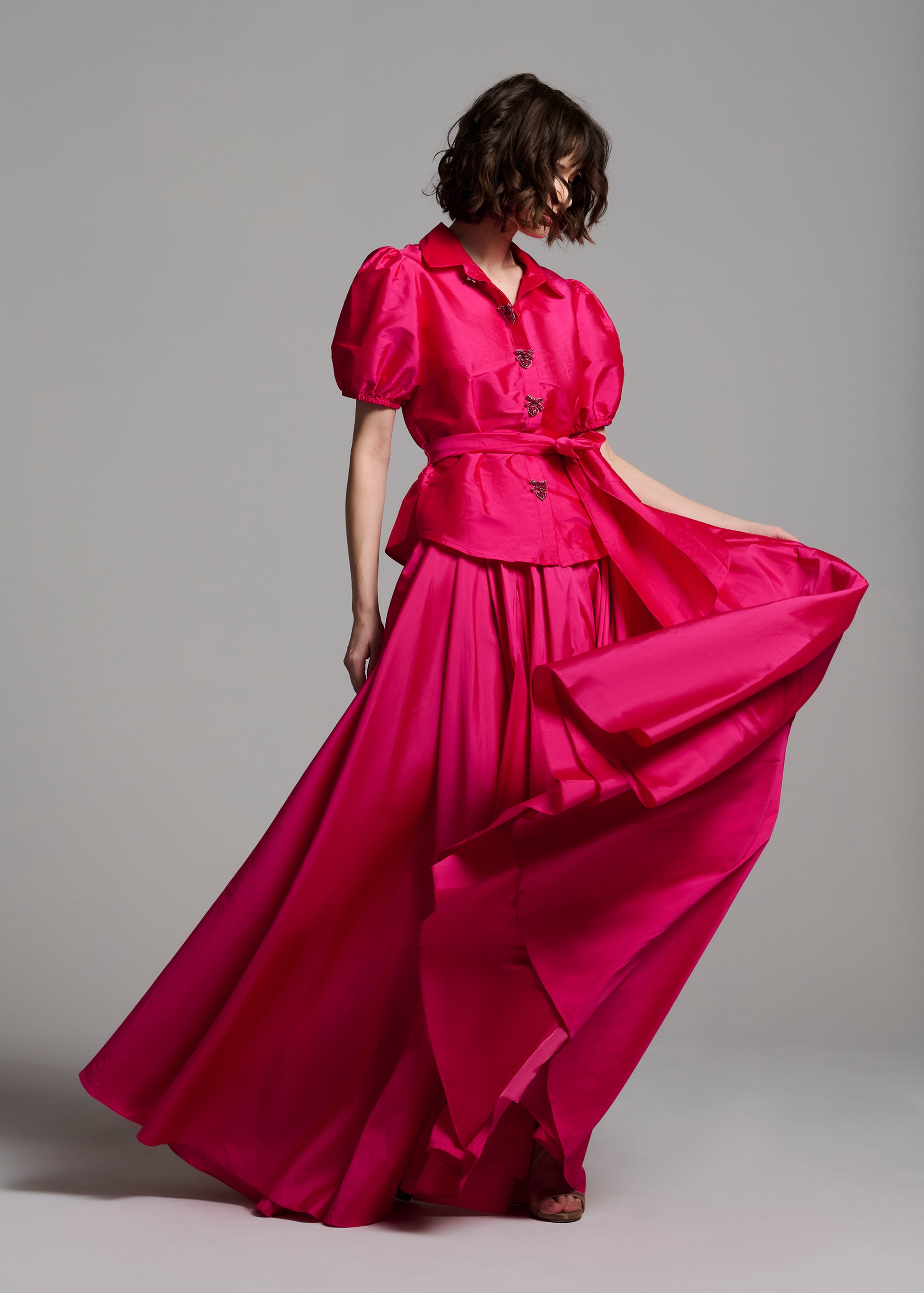 TAFFETA PUFF SLEEVE BLOUSE WITH CRYSTAL LOCKET HEART BUTTONS WATERMELON