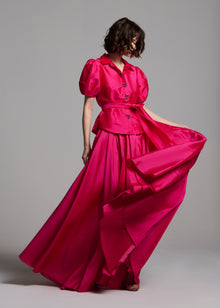 TAFFETA PUFF SLEEVE BLOUSE WITH CRYSTAL LOCKET HEART BUTTONS WATERMELON