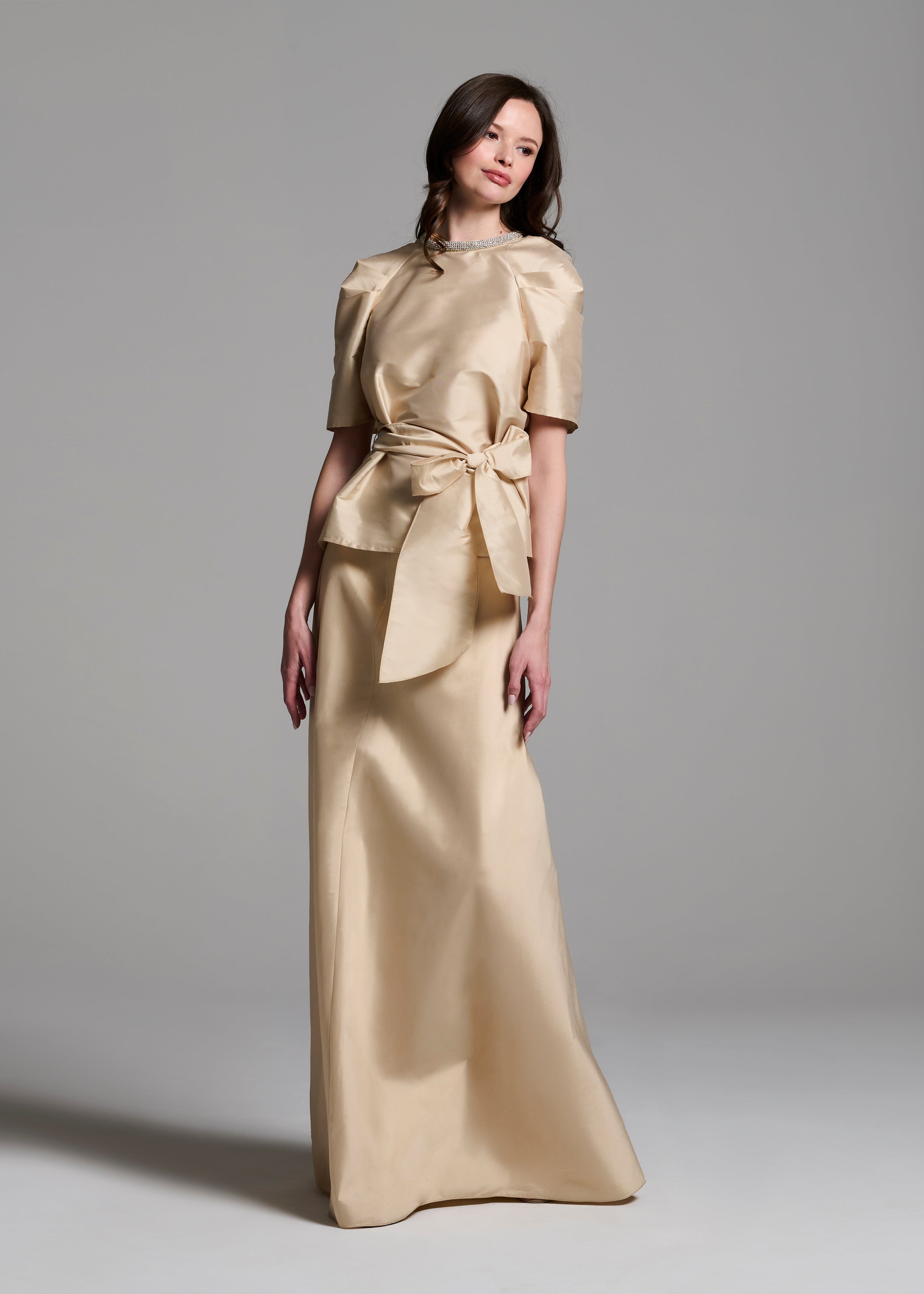 DRAPED TAFFETA BLOUSE WITH CRYSTAL NECKLACE CHAMPAGNE