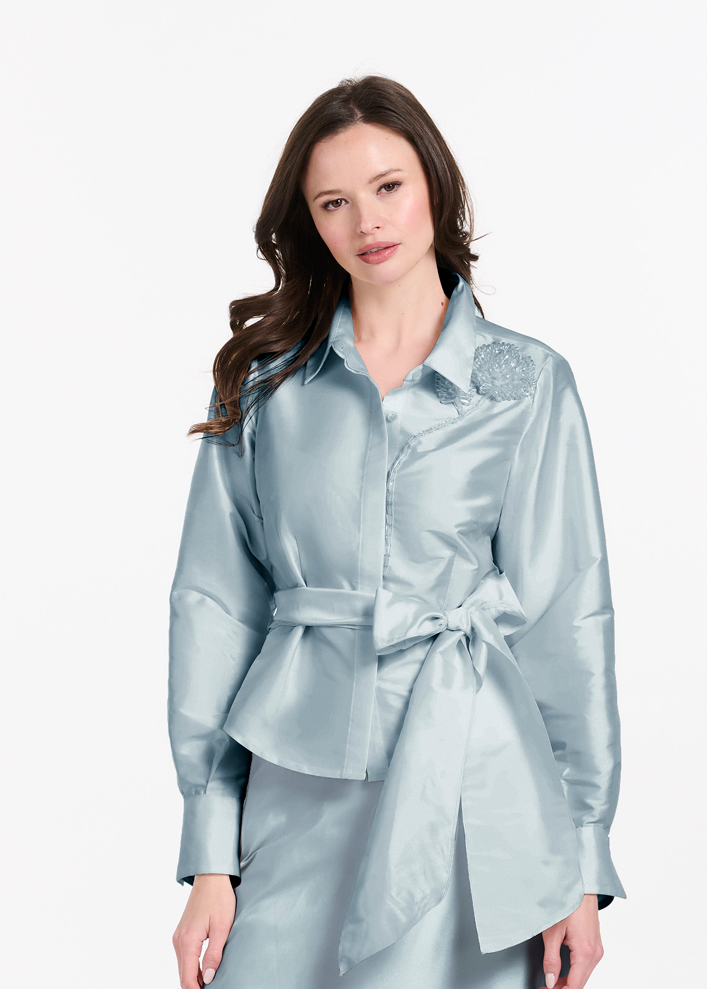 TAFFETA BLOUSE WITH CRYSTAL PEONY LIGHT BLUE