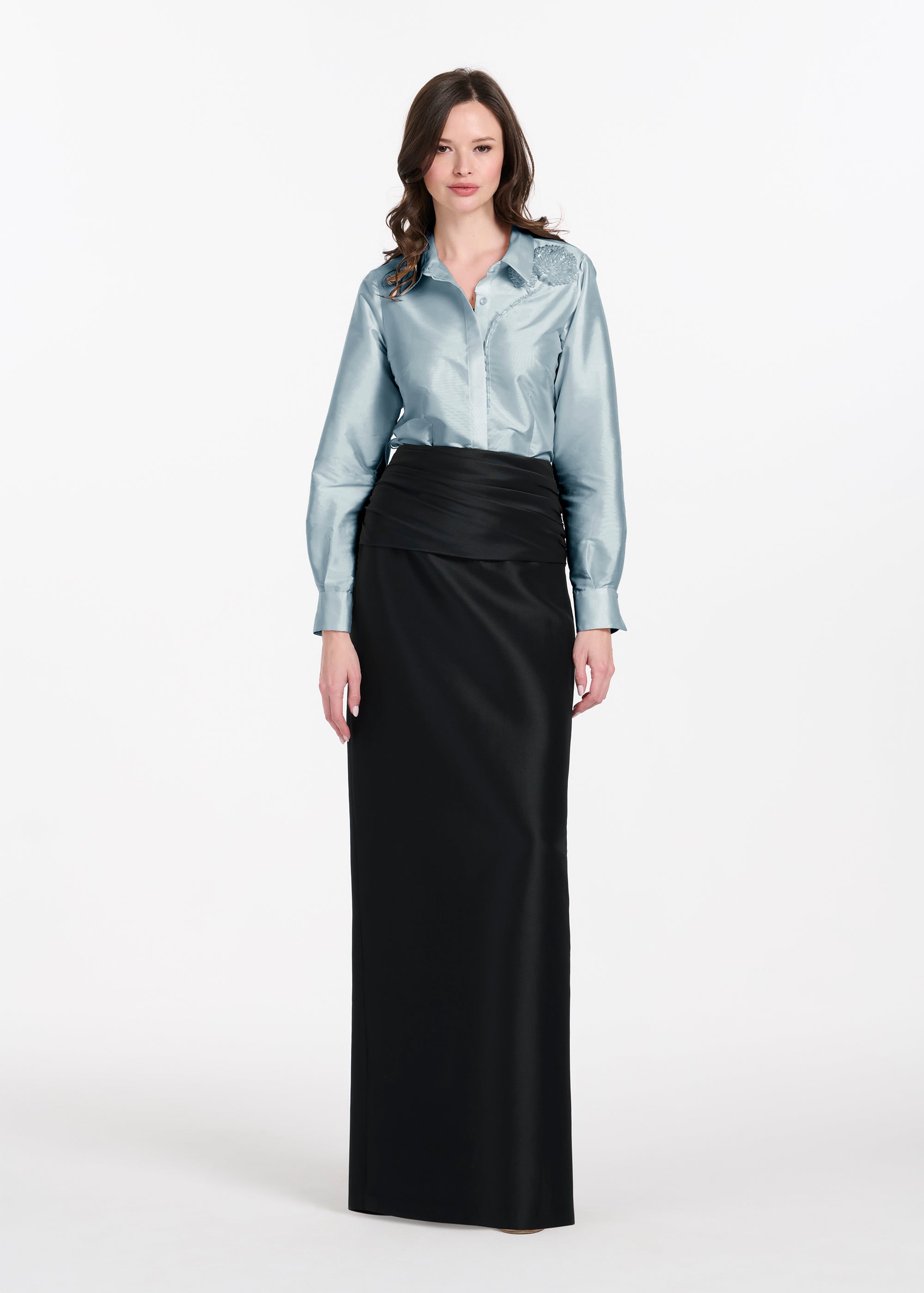 TAFFETA BLOUSE WITH CRYSTAL PEONY LIGHT BLUE