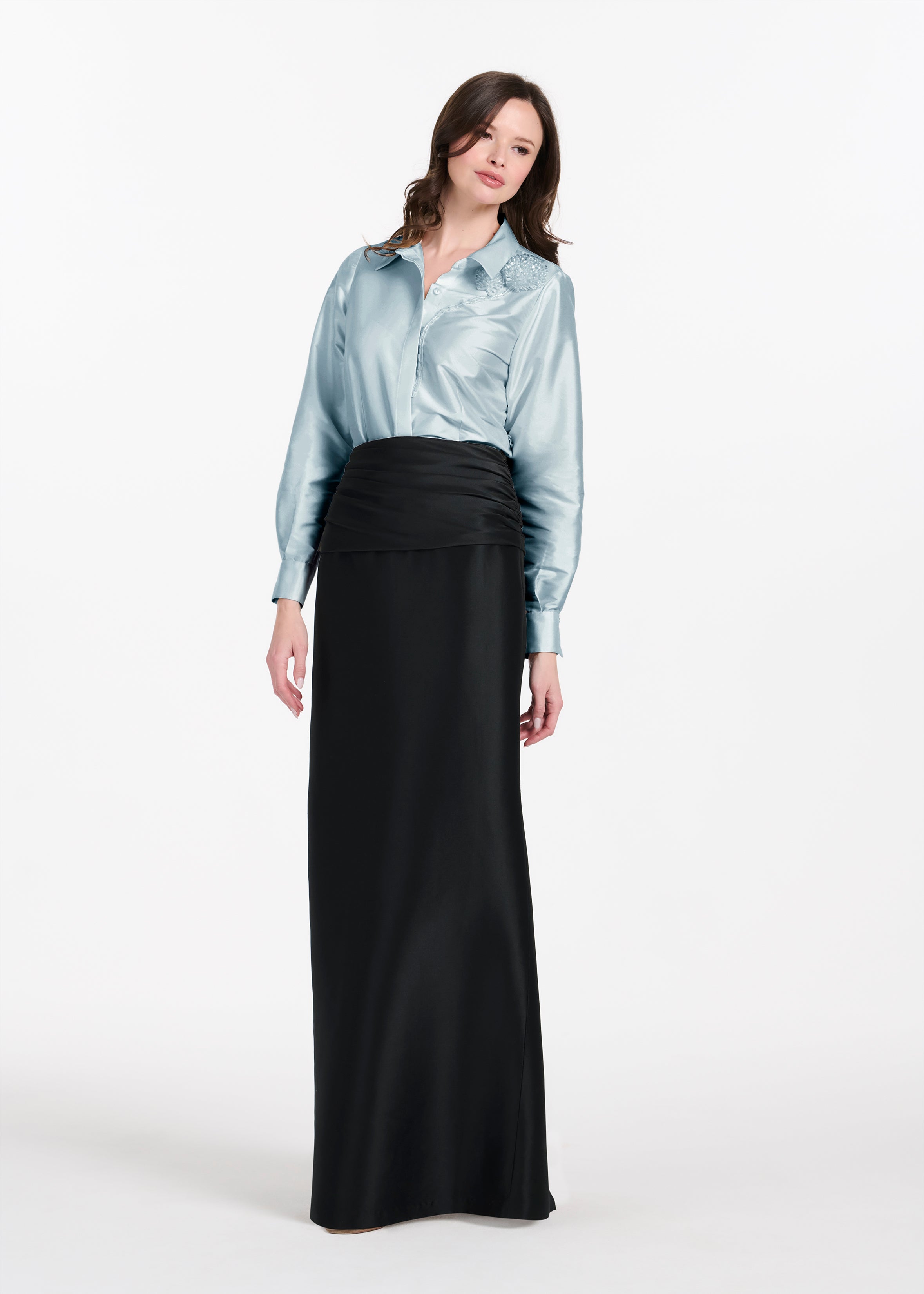 TAFFETA BLOUSE WITH CRYSTAL PEONY LIGHT BLUE