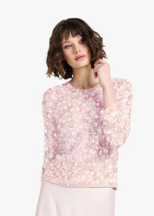FLORAL 3/4 SLEEVE  HAND BEADED PAILETTE TOP BLUSH