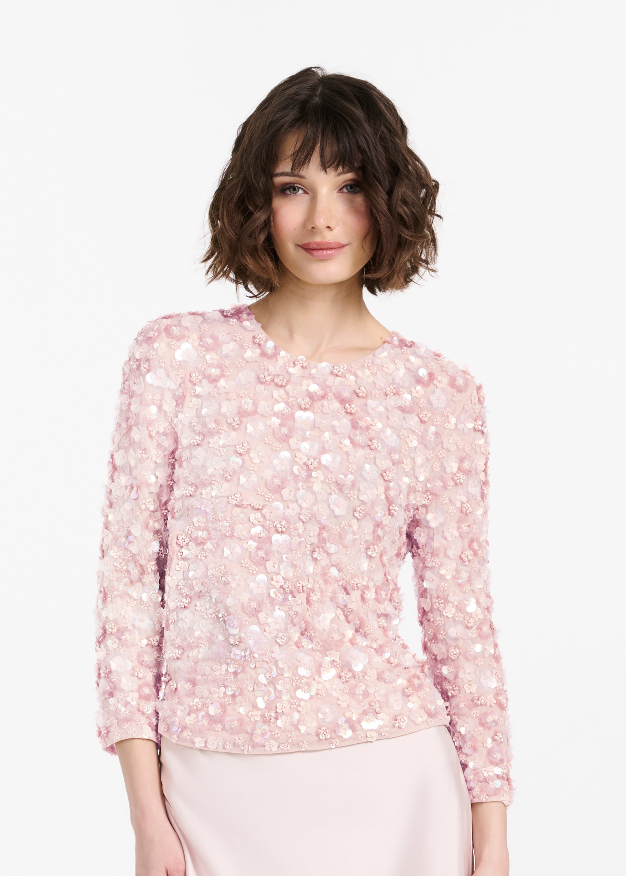 FLORAL 3/4 SLEEVE  HAND BEADED PAILETTE TOP BLUSH