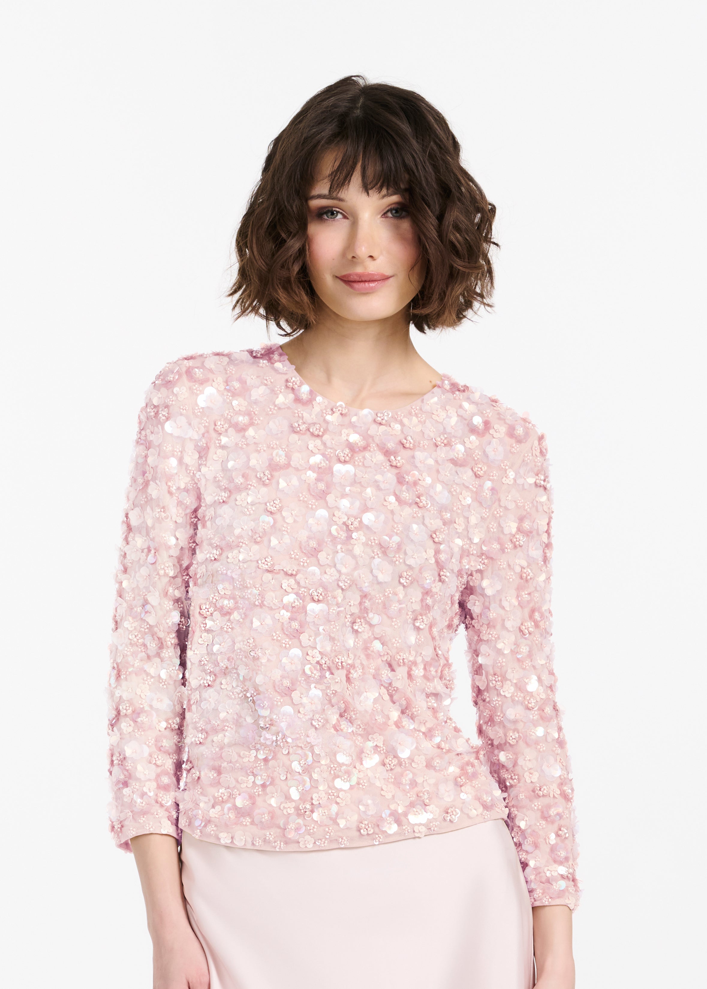FLORAL 3/4 SLEEVE  HAND BEADED PAILETTE TOP BLUSH