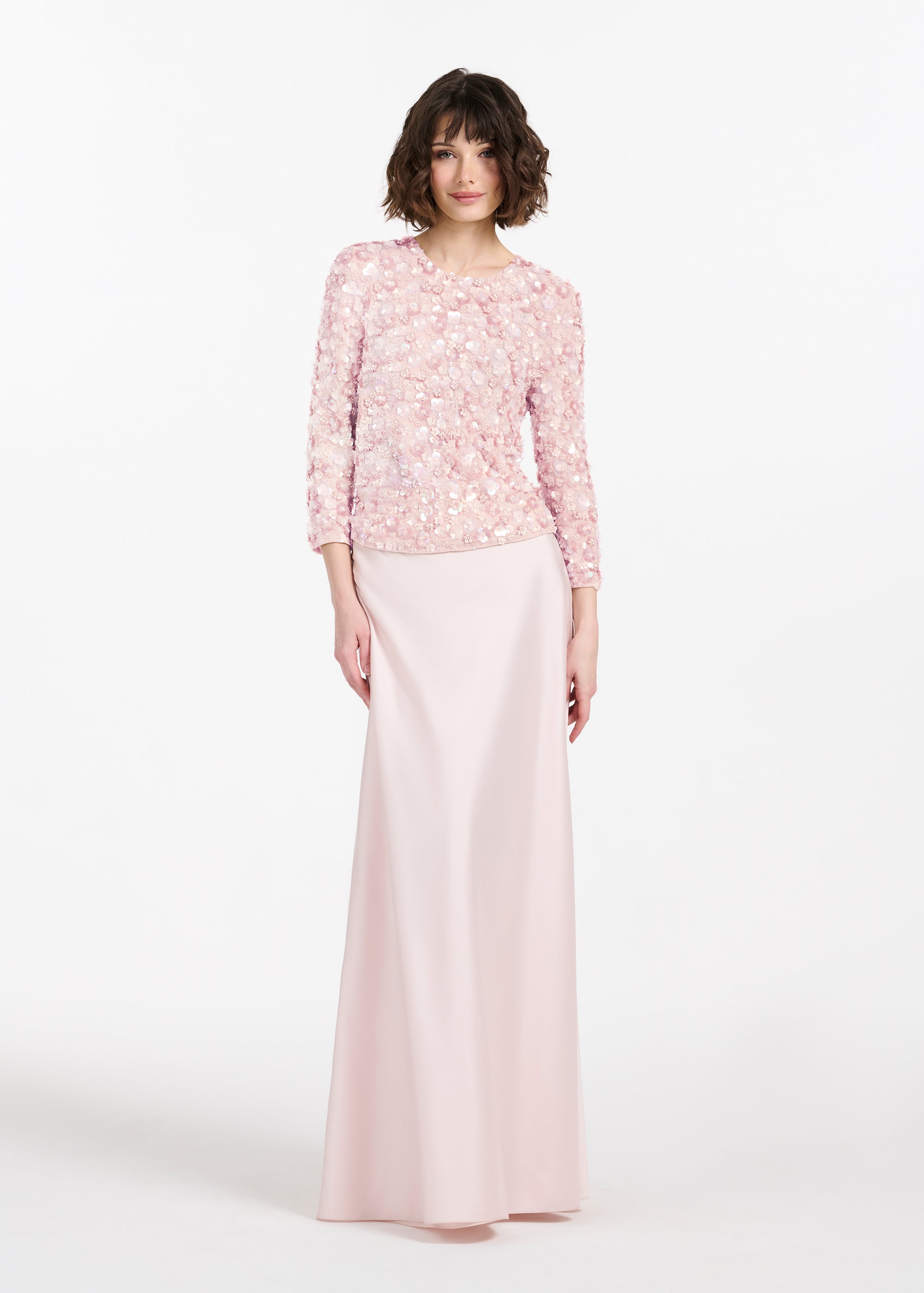 FLORAL 3/4 SLEEVE  HAND BEADED PAILETTE TOP BLUSH