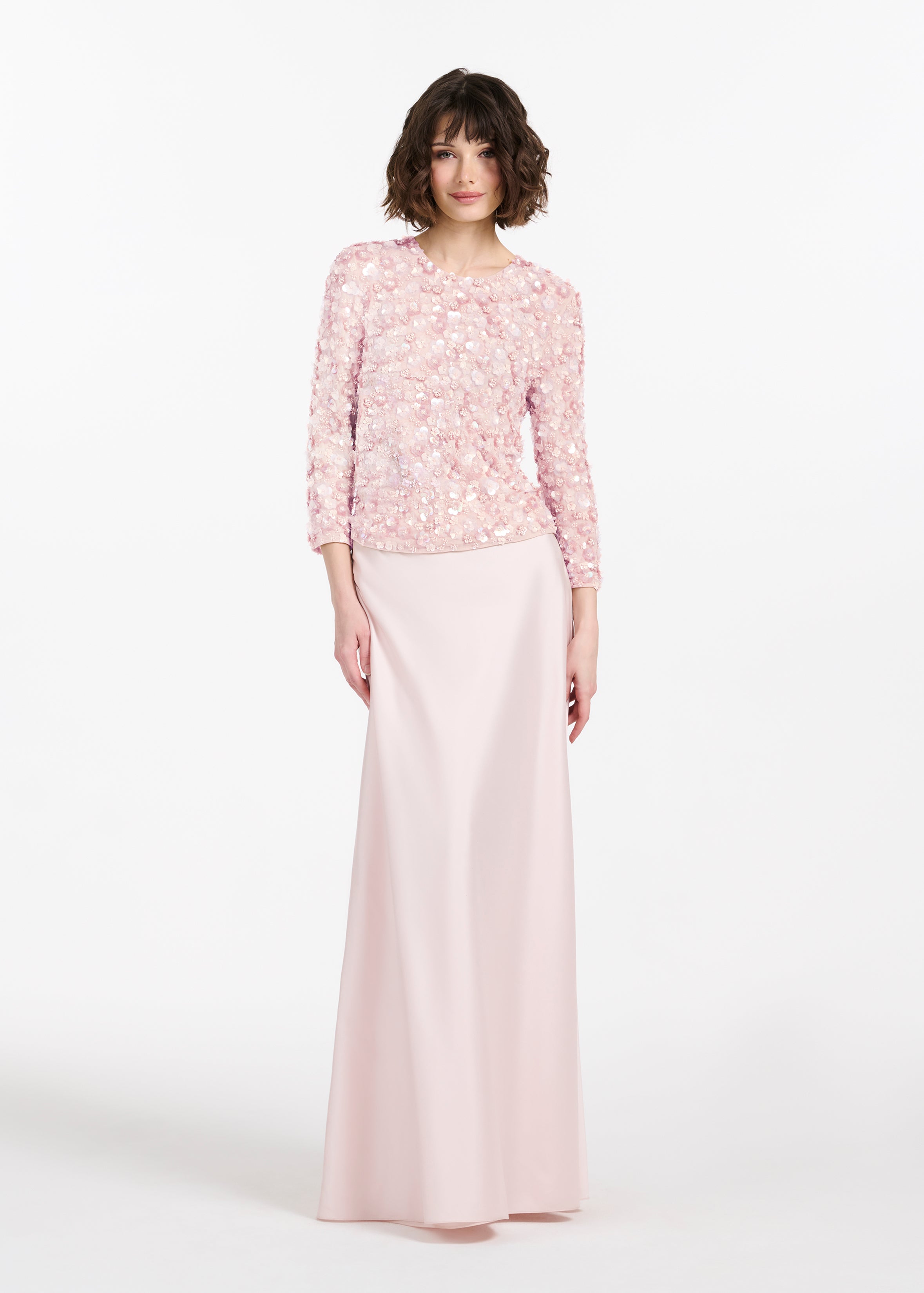 FLORAL 3/4 SLEEVE  HAND BEADED PAILETTE TOP BLUSH