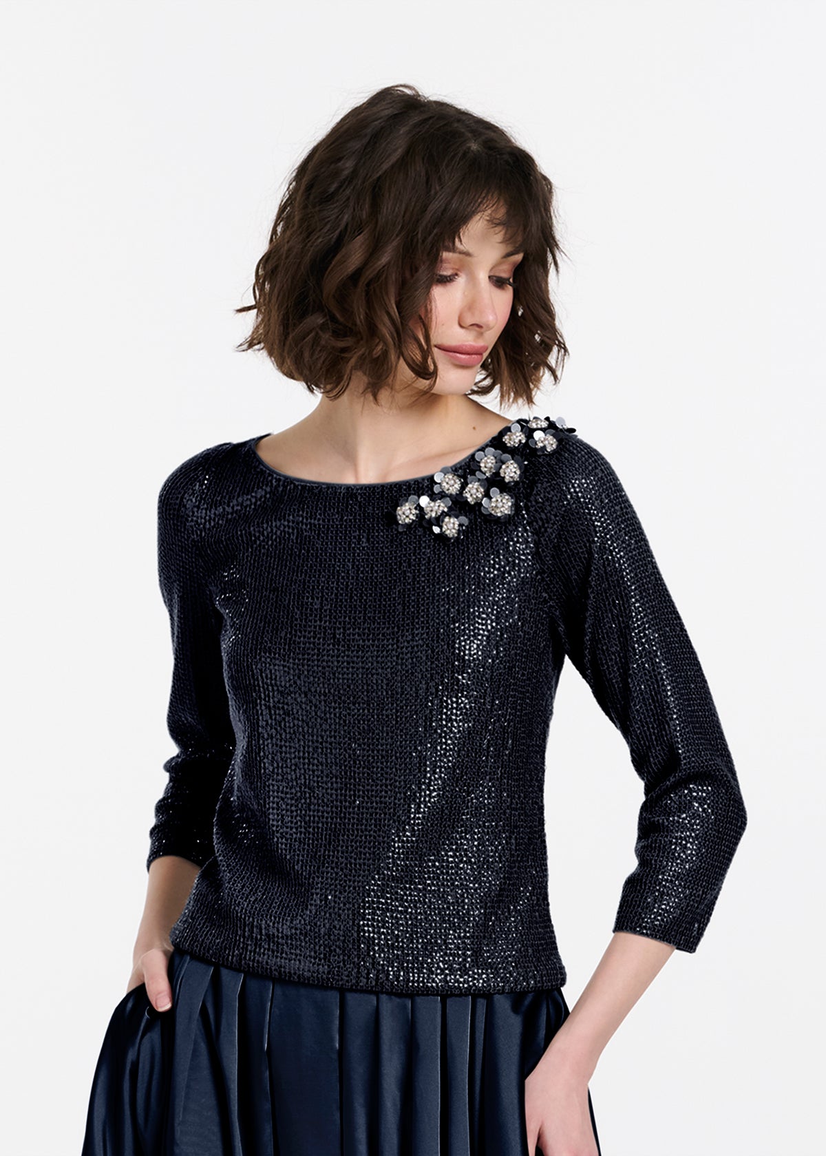 Sequin Top With Pailette Flowers Silver