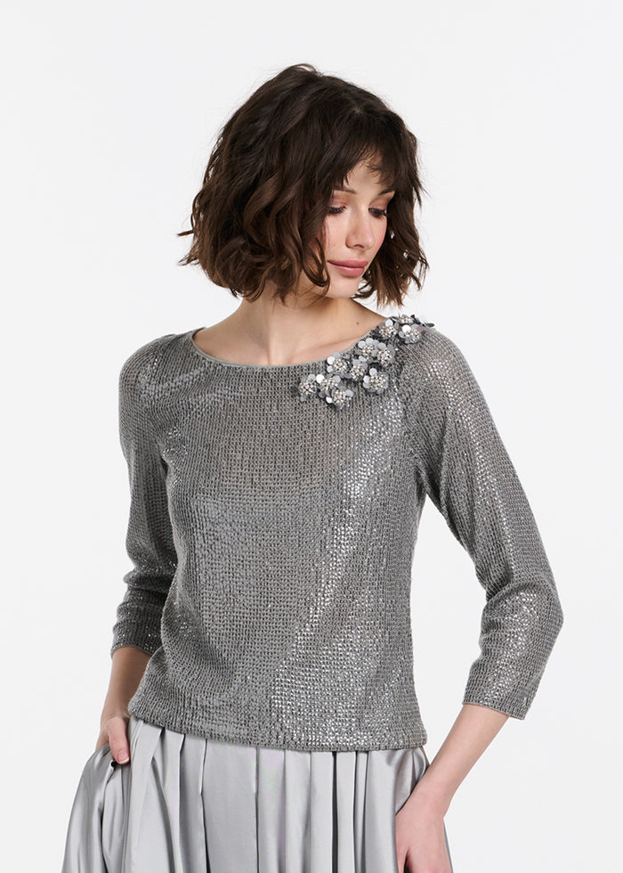 Sequin Top With Pailette Flowers Silver