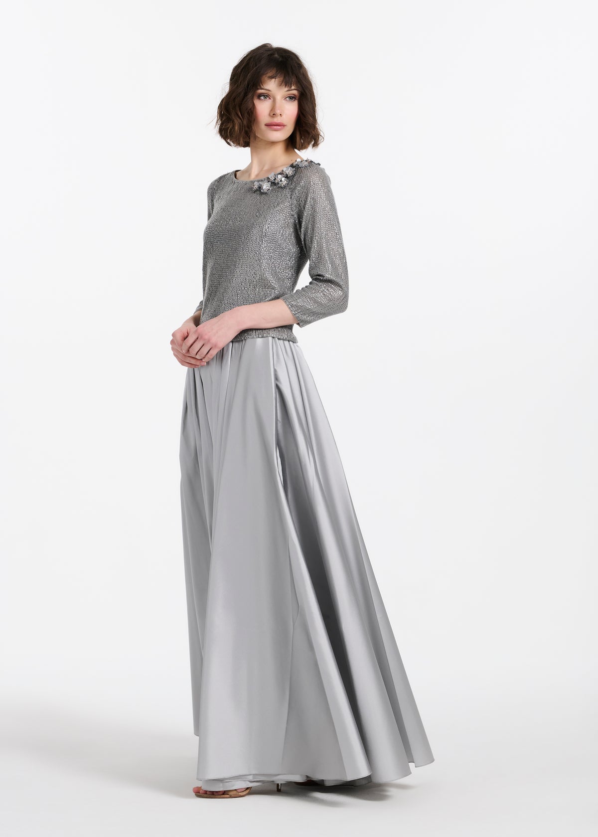 Sequin Top With Pailette Flowers Silver
