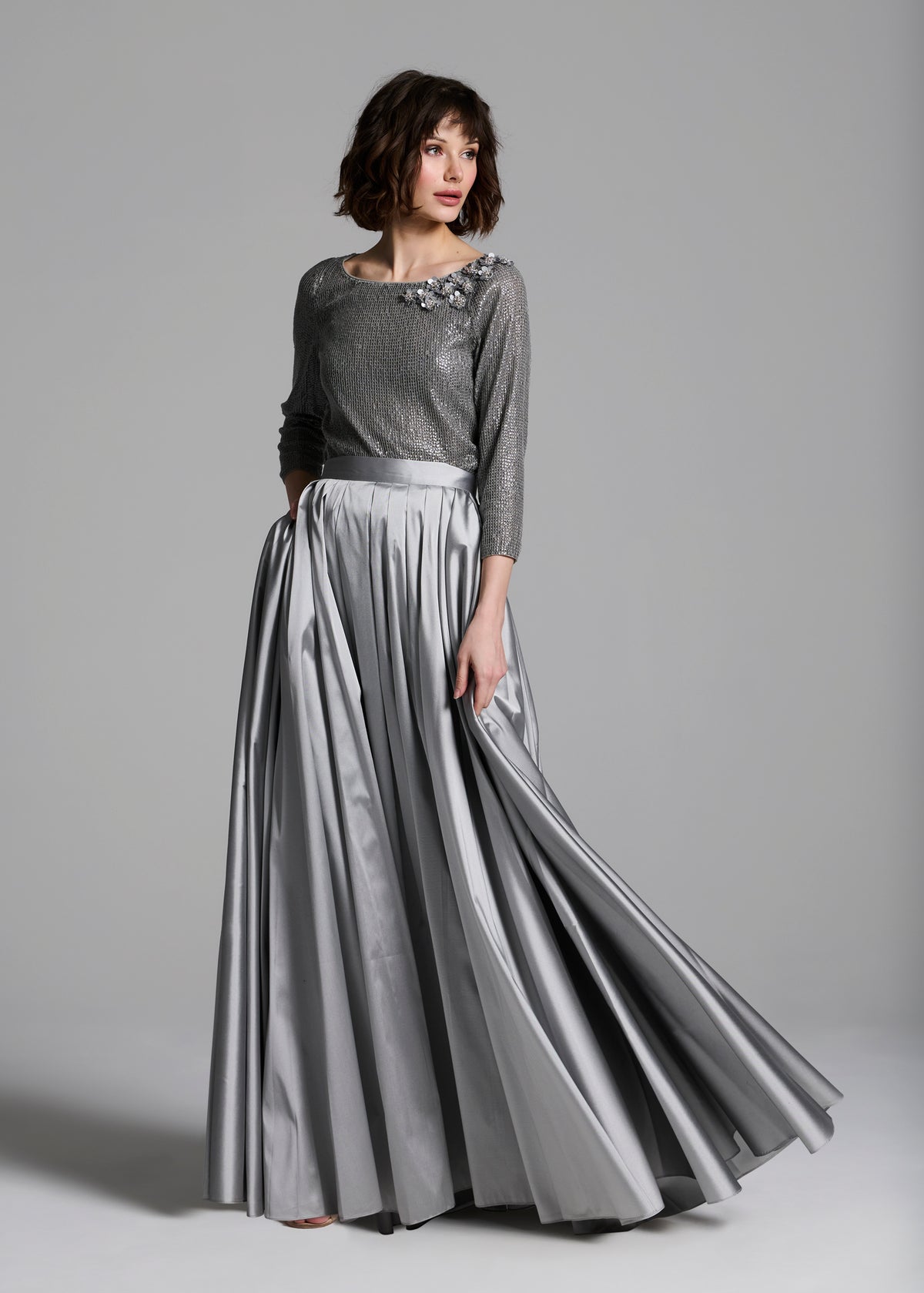 Sequin Top With Pailette Flowers Silver