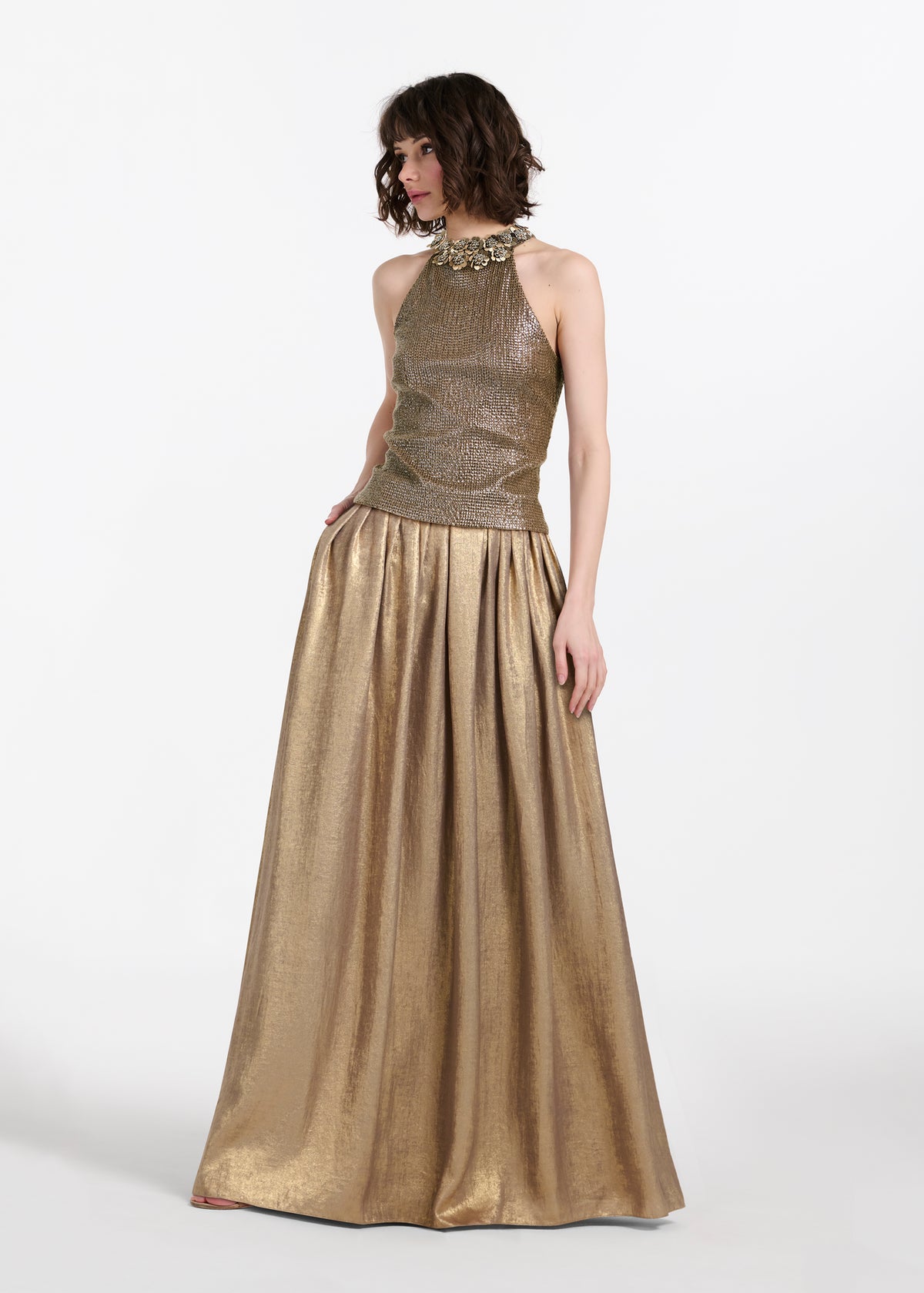 Sequin Halter With Pailette Flowers Suntan