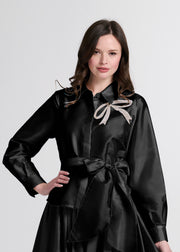 Crystal Bow Applique Blouse In Soft Taffeta Emerald