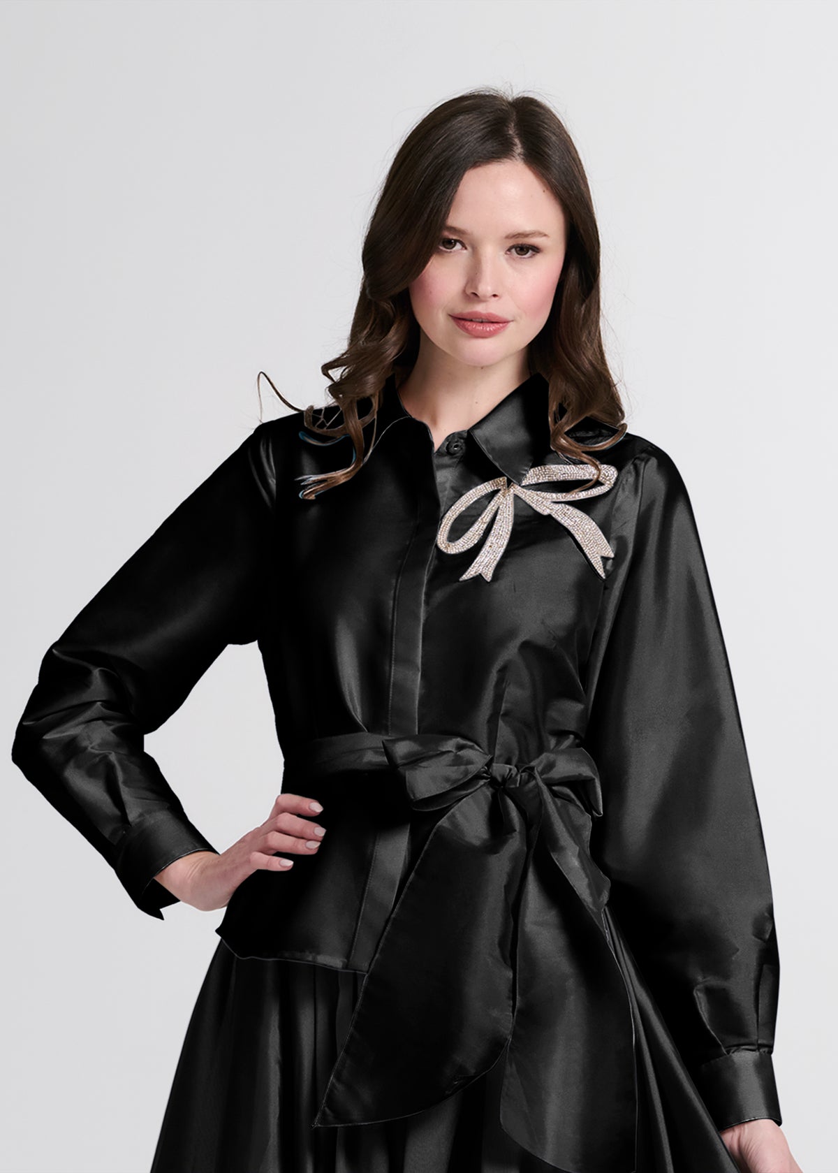 Crystal Bow Applique Blouse In Soft Taffeta Emerald