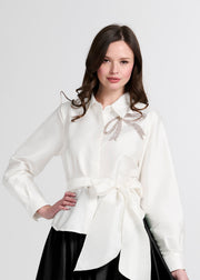 CRYSTAL BOW APPLIQUE BLOUSE IN SOFT TAFFETA IVORY