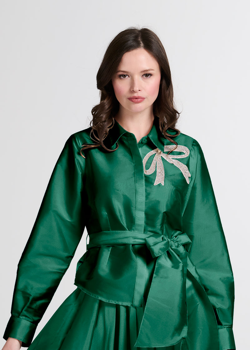Crystal Bow Applique Blouse In Soft Taffeta Emerald