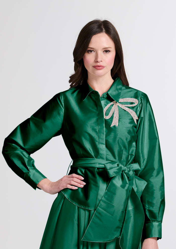 Crystal Bow Applique Blouse In Soft Taffeta Emerald
