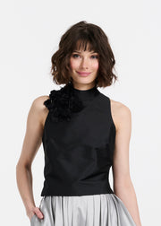 TAFFETA 3D APPLIQUÈ FLORAL SHELL BLACK