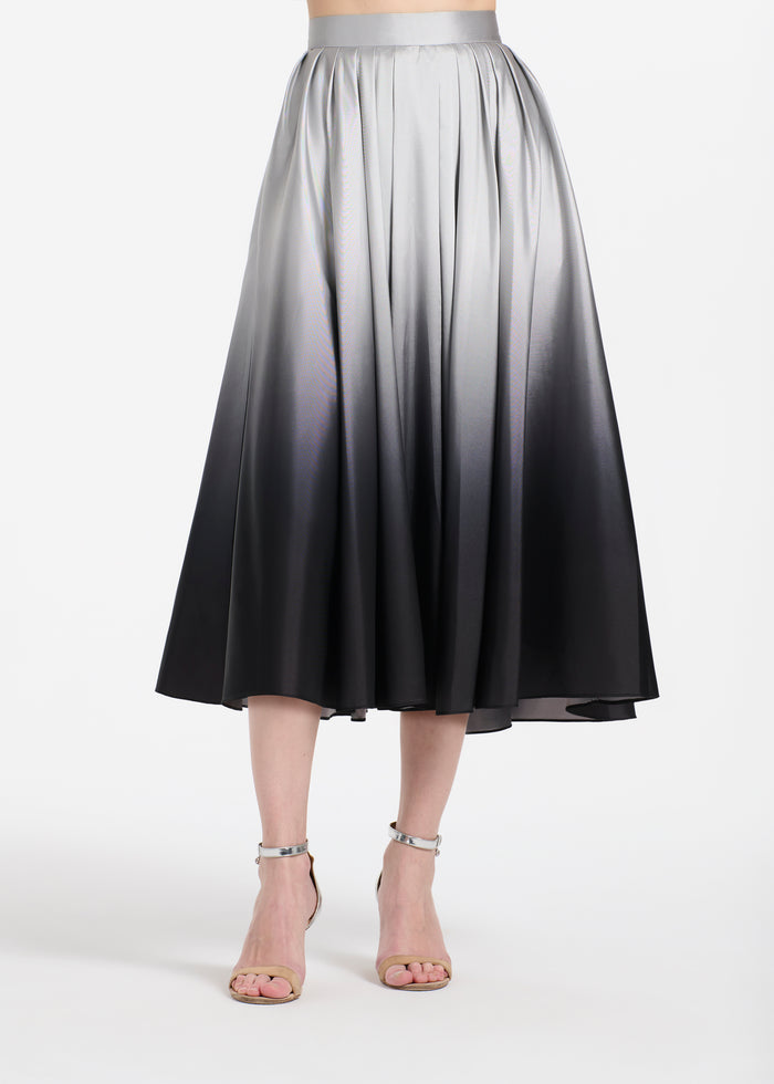 Ombre Taffeta Pleated Midi Skirt Silver/Black