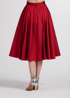 TEA LENGTH PLEATED SOFT TAFFETA MIDI SKIRT RED