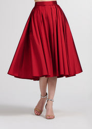 TEA LENGTH PLEATED SOFT TAFFETA MIDI SKIRT RED