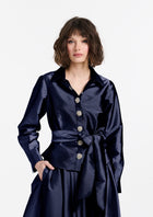 CHUNKY CRYSTAL FLOWER BUTTON BLOUSE NAVY