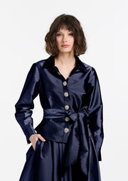 CHUNKY CRYSTAL FLOWER BUTTON BLOUSE NAVY