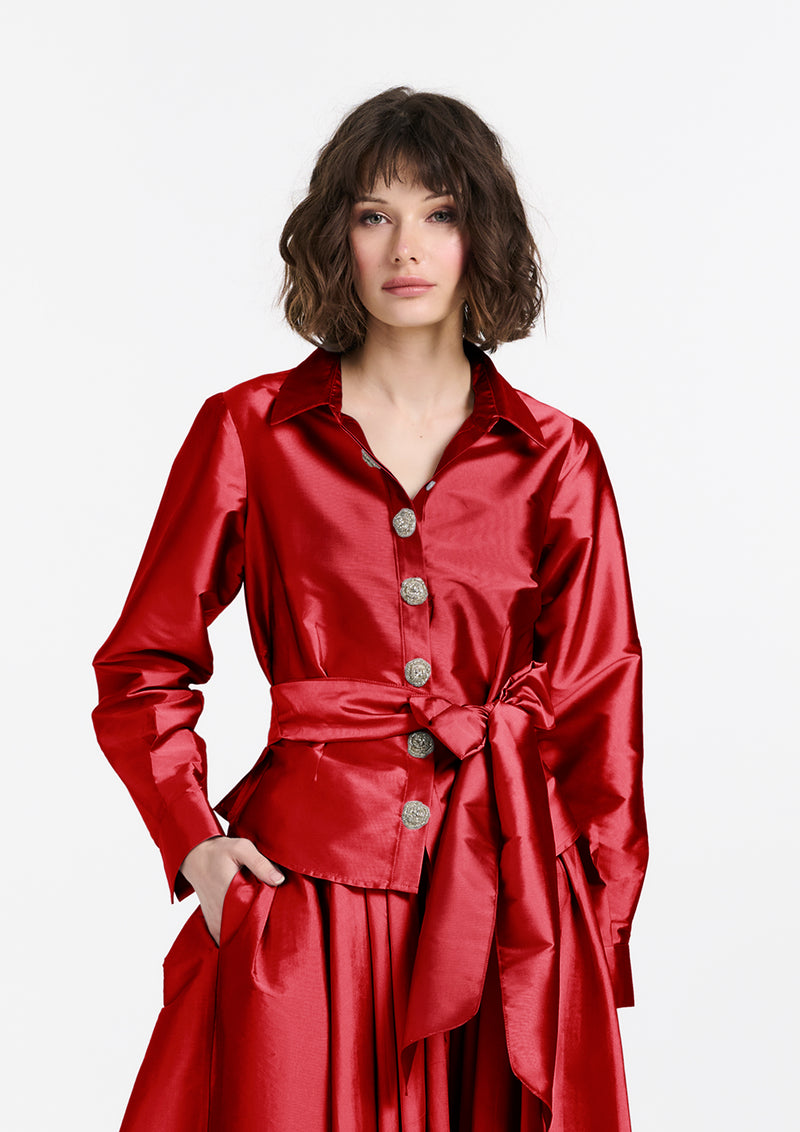 CHUNKY CRYSTAL FLOWER BUTTON BLOUSE RED