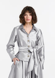 CHUNKY CRYSTAL FLOWER BUTTON BLOUSE SILVER