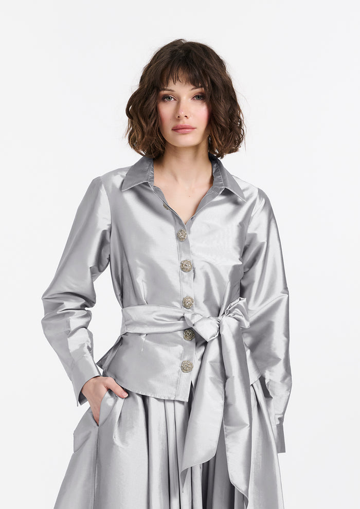 CHUNKY CRYSTAL FLOWER BUTTON BLOUSE SILVER
