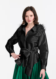 FEATHER SHOULDER BLOUSE BLACK
