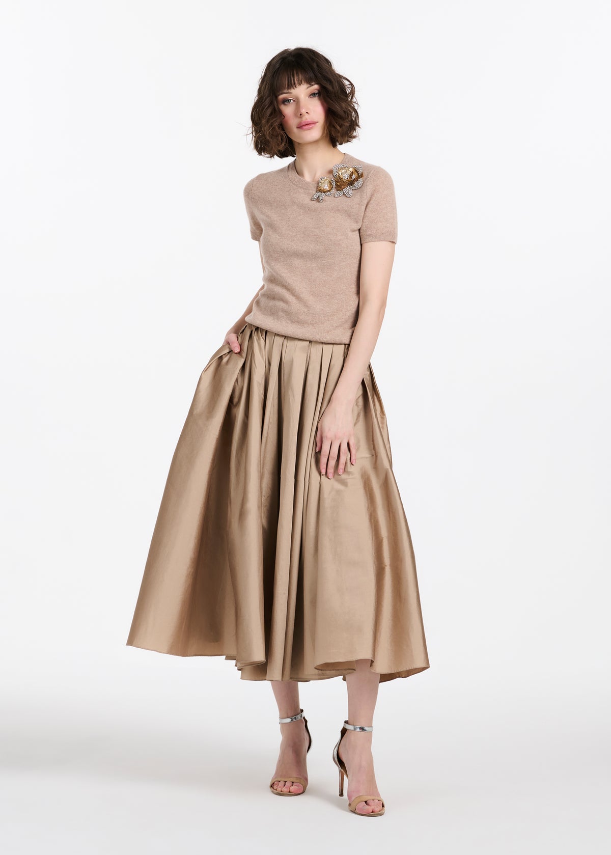 Cashmere Sweater With Applique Pailette Flowers - Gold